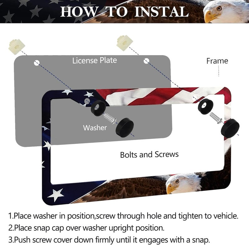 LIN KANG American Flag Eagle License Plate Frame Holder - 2 Pack Patriotic Universal Aluminum Matte Stripe US Flag Gloss Car Tag Frame Holder Accessory with Screws Fasteners Caps - Image 3